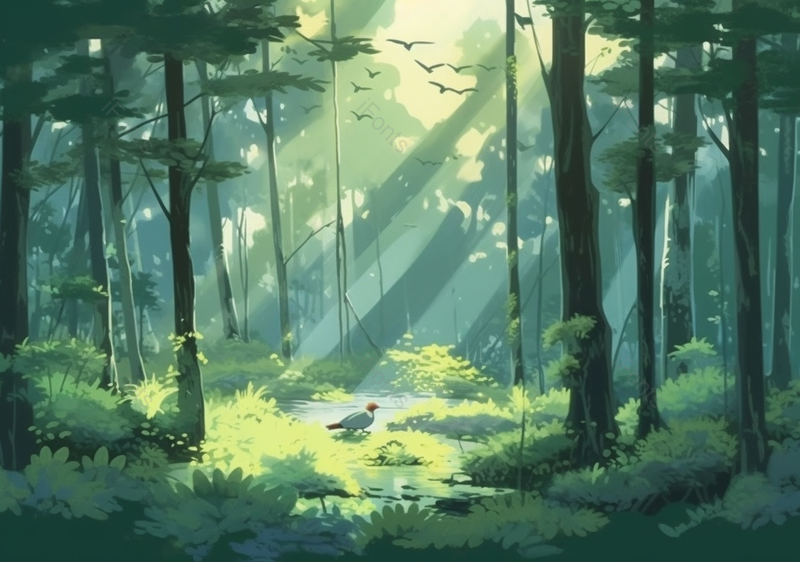 绿色树林透光照射鸟类插画,插画/手绘图,插画/手绘图库,插画/手绘图下载,插画/手绘